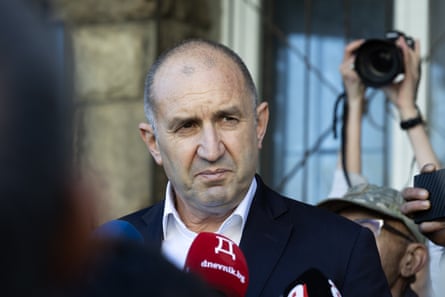 Rumen Radev speaking to the media after voting in Sofia on Sunday.