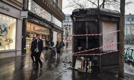 A burnt kiosk in Paris after last week’s protests against pension reform
