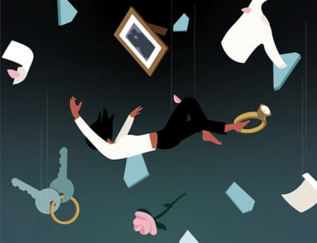 Illustration of a woman falling with the pieces of her life falling around her, keys, photos, flowers, etc