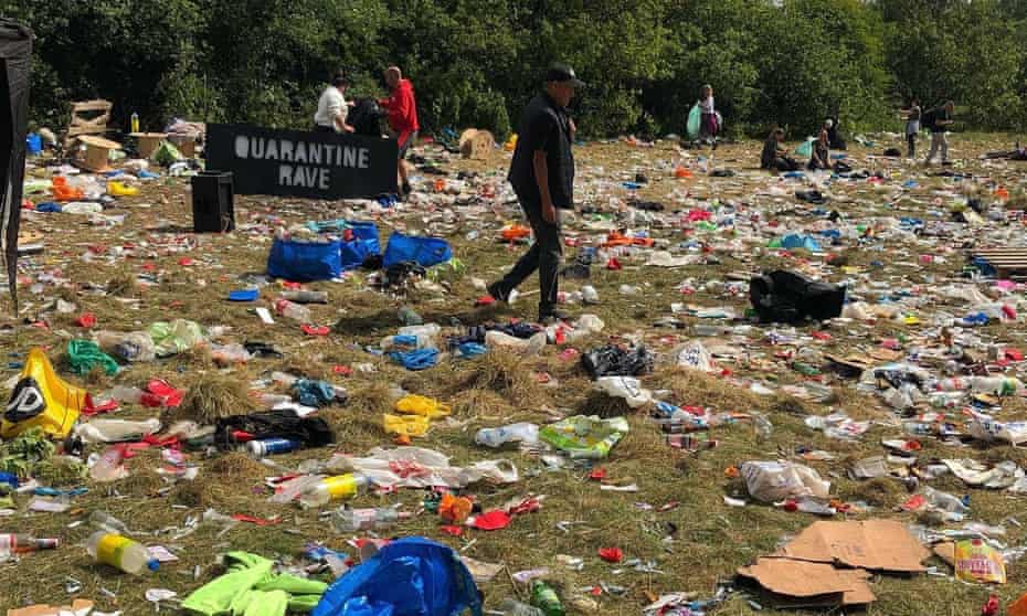 The mess left behind by ravers at Daisy Nook park near Manchester on Saturday.