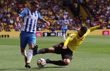 Watford’s Miguel Britos is sent off for this challenge on Brighton’s Anthony Knockaert.