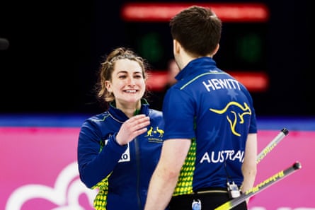 Gill and Hewitt after winning the mixed doubles play-off match against Korea in Olympic qualifying last year.