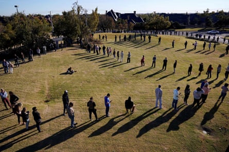 Voters wait in a long line to cast their ballots at Church of the Servant in Oklahoma City, Oklahoma U.S., November 3, 2020.