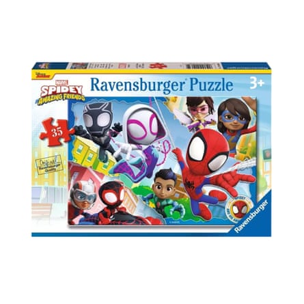 Ravensburger 35-piece puzzle box showing Spidey and Amazing Friends swinging through a city