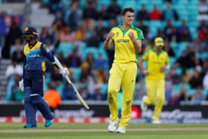 Australia’s Pat Cummins celebrates taking the final Sri Lankan wicket of Nuwan Pradeep.