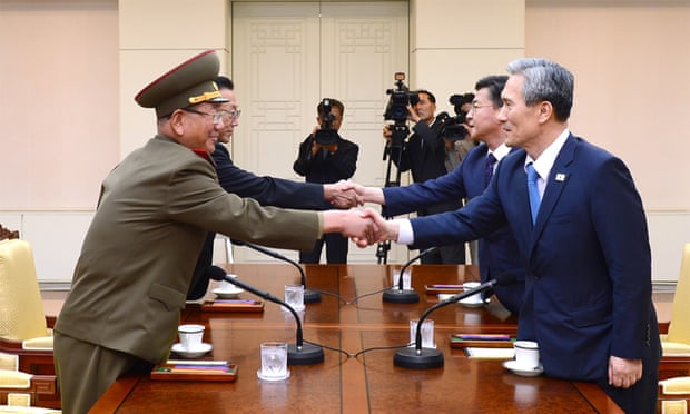 A meeting between officials from North and South Korea in August 2015: Kim Yang-gon, a senior North Korean official responsible for South Korean affairs, is pictured second from left.