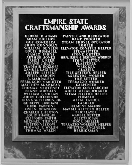 Honoured … the plaque in the main lobby, bearing the names of 32 men who received ‘craftsmanship awards’.