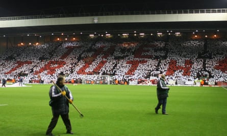Liverpool fans hold up a mosaic spelling out the words The Truth – referencing the Sun’s post-Hillsborough headline – at Anfield in 2007.