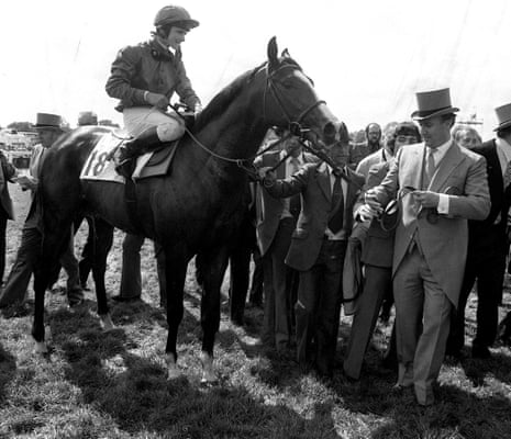 Shergar being led in by owner Aga Khan after winning the Derby in 1981.