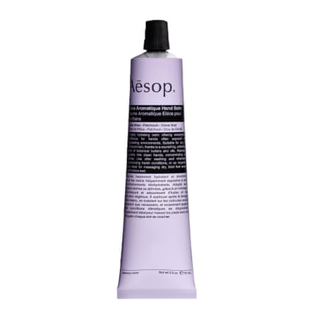 A lilac coloured tube of Aesop hand cream