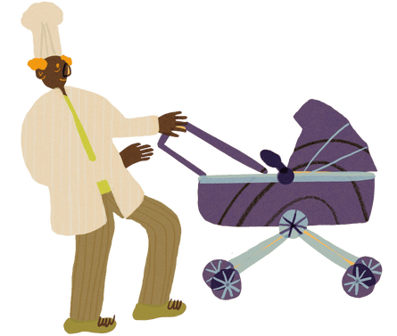Illustration of a man walking with a stroller.