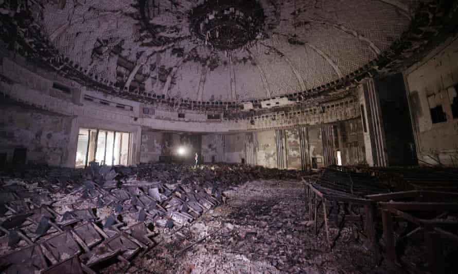 The charred remains of the assembly hall at the mayor’s office building in Almaty after rioting earlier in January.