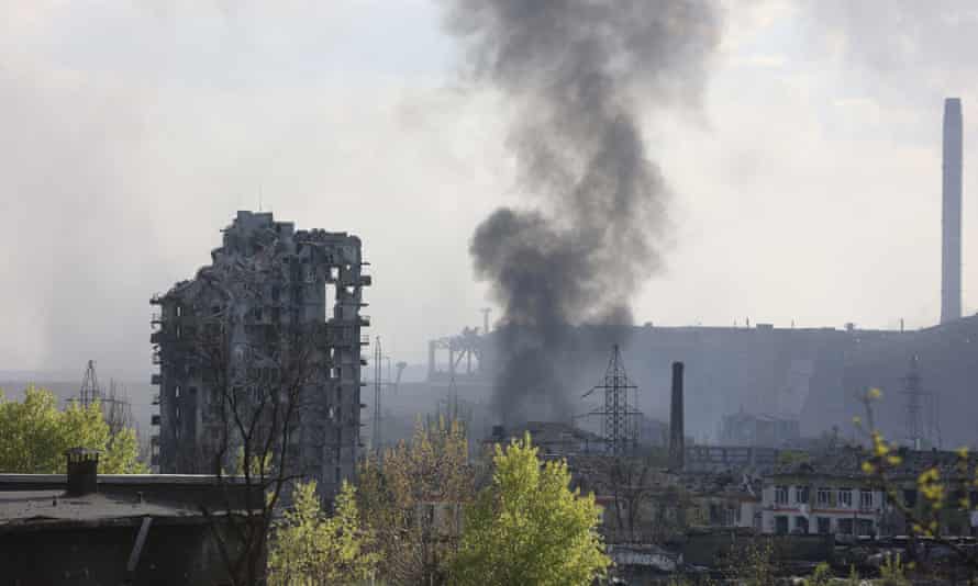 Smoke rises from the Azovstal steel works plant in Mariupol.