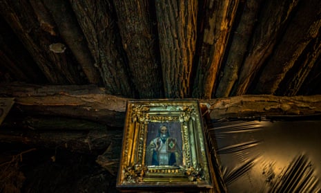An Orthodox icon in the underground base of Ukrainian soldiers on the frontline of Zaporizhzhia region.