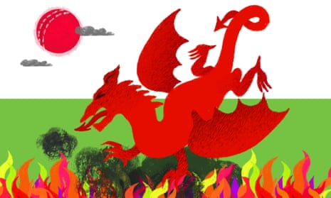 An illustration of a Welsh dragon amid flames