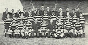 Players, including Barry John and Gareth Edwards (seated on ground right and left respectively), and staff of Cardiff rugby club ahead of the 1971-72 season.