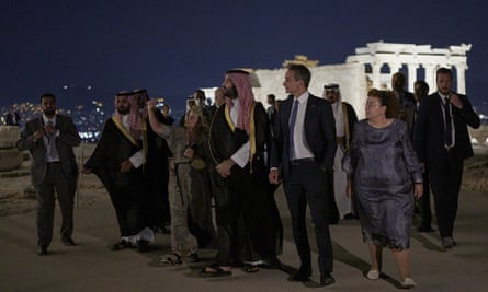 Mohammed bin Salman and Kyriakos Mitsotakis on the Acropolis hill in Athens on