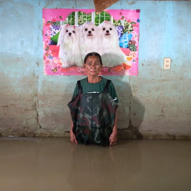An elderly woman stands in front of a wall with a picture of three white dogs and thigh-deep in flood water