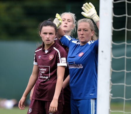 Heart’s Aimee Anderson (left), Tegan Browning (centre) and Hamilton Academical goalkeeper Sarah Rhind await a corner during the SWPL1 match between Hearts and Hamilton Academical in September 2021.