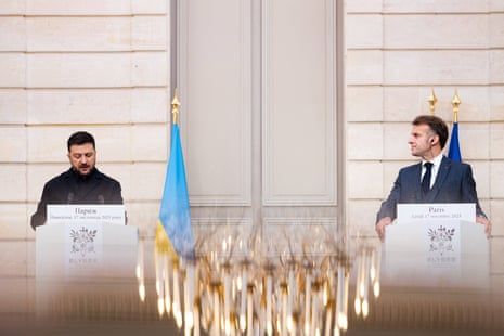 President Emmanuel Macron and President Volodymyr Zelenskyy during a joint press conference at the Élysée Palace in Paris, France last month.