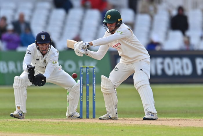 Matthew Montgomery of Nottinghamshire hits a shot.