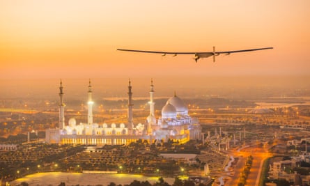The first test flight of Solar Impulse 2 in Abu Dhabi, UAE, a plane whose electric batteries are 97% energy efficient and powered by the sun.