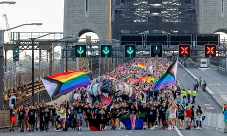 Pride marchers cross the Harbour Bridge