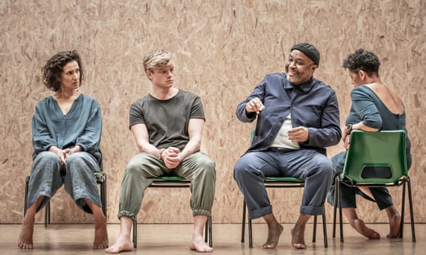 Sometimes they sound dreamy or drunk … l to r, Indira Varma (Arkadina), Tom Rhys Harries (Trigorin), Jason Barnett (Shamrayev) and Sara Powell (Polina).