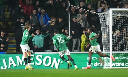 Michael Obafemi (right) celebrates after scoring the winner for Plymouth at home to Portsmouth.