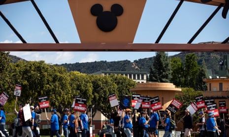 Members of the Writers Guild of America (WGA) demonstrate in front of Walt Disney Co. Studios in Burbank, California, USA, 02 May 2023.
