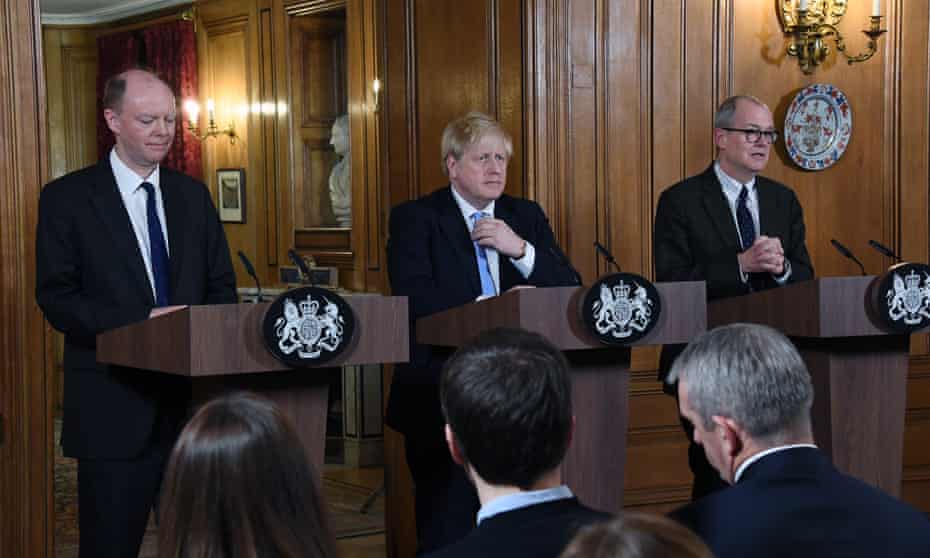 Boris Johnson (centre), chief medical officer for England, Chris Whitty (left) and chief scientific adviser, Patrick Vallance, at a coronavirus press conference in early March.