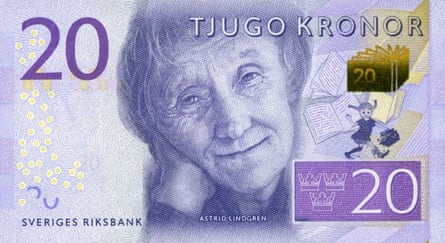 Swedish banknote showing children’s writer Astrid Lindgren, the creator of Pippi Longstocking.