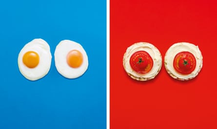 Grid of two images, each showing two items looking like breasts, the first fried eggs against blue background, the other cheese spread on round crackers with strawberries at their centre against red background