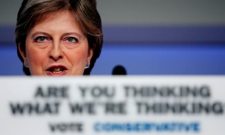 Theresa May gives a speech in 2005 during the general election campaign, with the Conservative party’s slogan to the fore.