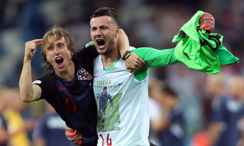 Luka Modric and Danijel Subasic celebrate Croatia’s shootout win against Denmark