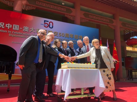 China’s ambassador to Australia, Xiao Qian, fifth from left, hosts an event at the Chinese embassy on Friday to mark the 50th anniversary of diplomatic relations.