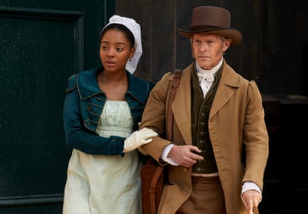 Spence with Steven Mackintosh as John Langton; she holds his arm, he is leaning on a cane.