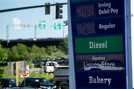 A sign displays the price of regular gasoline at an Irving gas station in Bangor, Maine, US, on Monday, 8 June 2026.