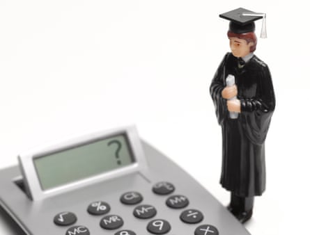A figurine of a student in graduation robes staring at a calculator with a question mark on it.