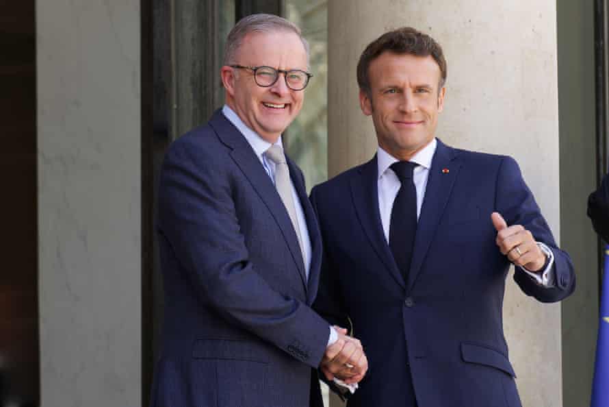 Australian prime minister Anthony Albanese meets French president Emmanuel Macron at the Elysee Palace in Paris