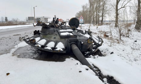 A destroyed Russian tank on the outskirts of Kharkiv at the weekend