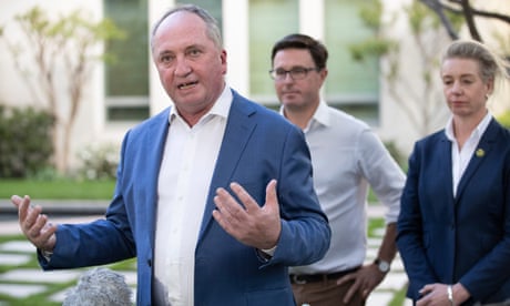 Barnaby Joyce talks to the media with David Littleproud and Bridget McKenzie