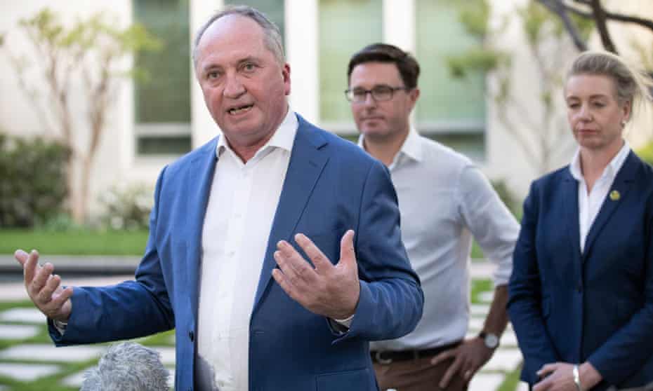 Barnaby Joyce talks to the media with David Littleproud and Bridget McKenzie