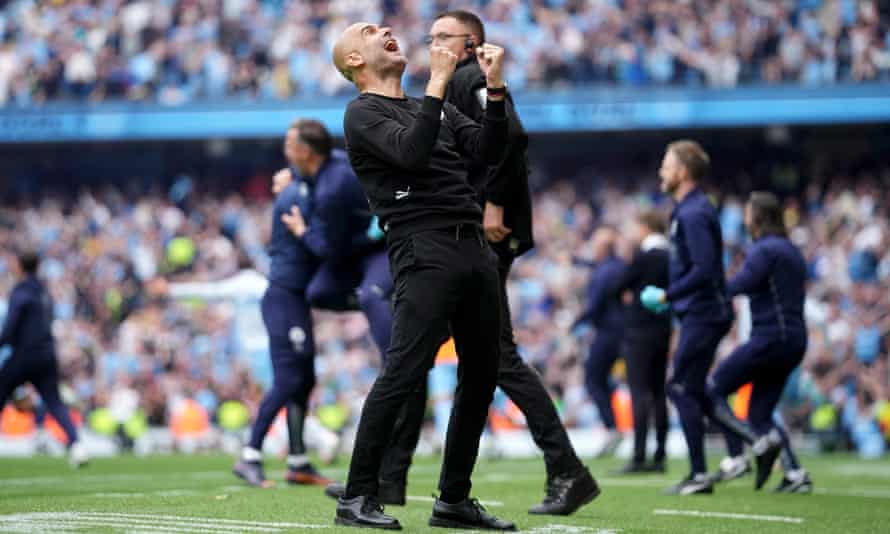 Pep Guardiola in Sunday's 3-2 win over Aston Villa that sealed the title.