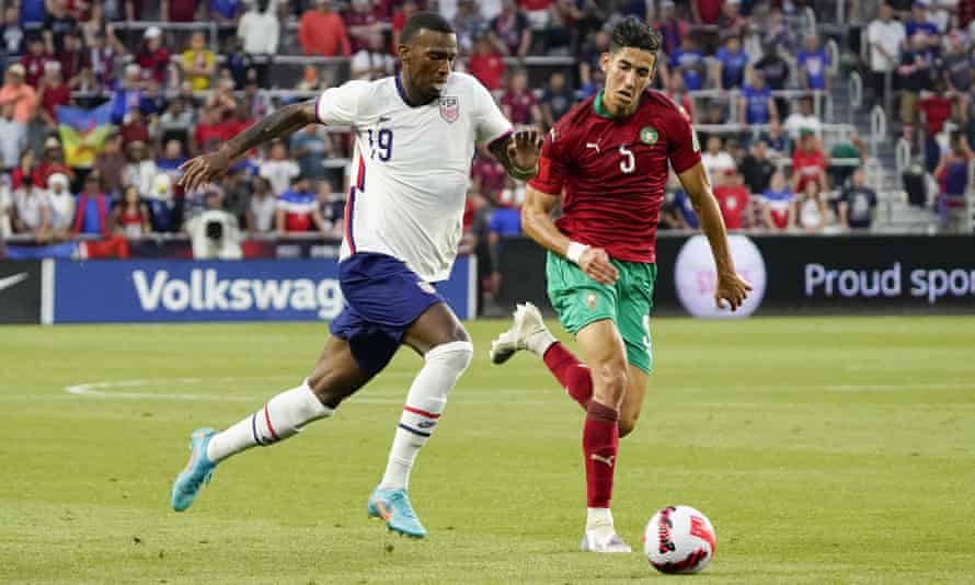 Nayef Aguerd in action for Morocco against the USA this month