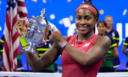Coco Gauff holds the trophy after her victory at the US Open in September.