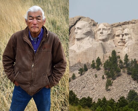 A composite image showing a man standing with his hands in his pockets and a rock sculpture.