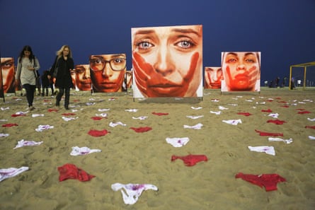An art installation calling out violence against women staged on Rio de Janeiro’s Copacabana beach.