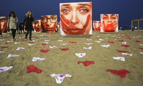 A protest on Rio’s Copacabana beach against the abuse of women, staged by the organisation Rio de Paz, who said the 420 pairs of underwear represent the number of women raped in Brazil every 72 hours