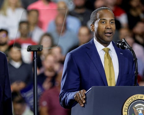 Michigan gubernatorial candidate John James delivers remarks in Milford, Michigan on 27 July.
